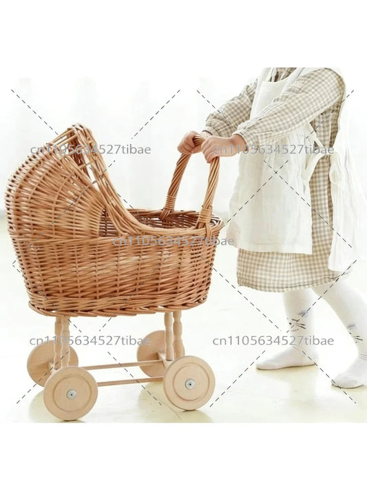 Rattan Weaving Baby Doll Stroller Toy Set | Children's Room Decor & Pretend Play Accessories