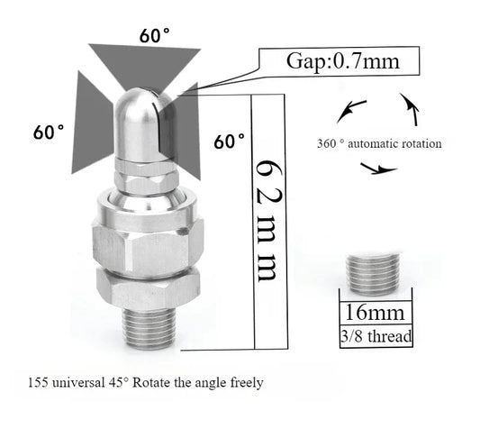 360° Automatic Rotating Stainless Steel Fan Spray Nozzle Industrial for Bottle Can Tank Inner Wall High Pressure Cleaning